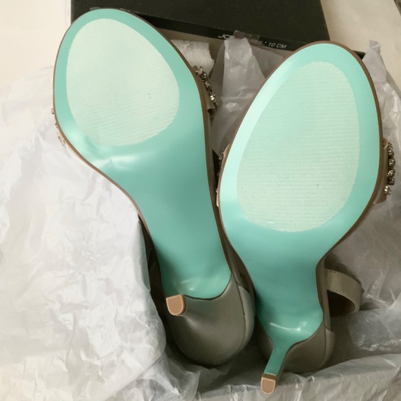 Betsey Johnson Gina Jeweled Ankle Strap Dress Sandals Silver Satin Stiletto Heel - Picture 12 of 14